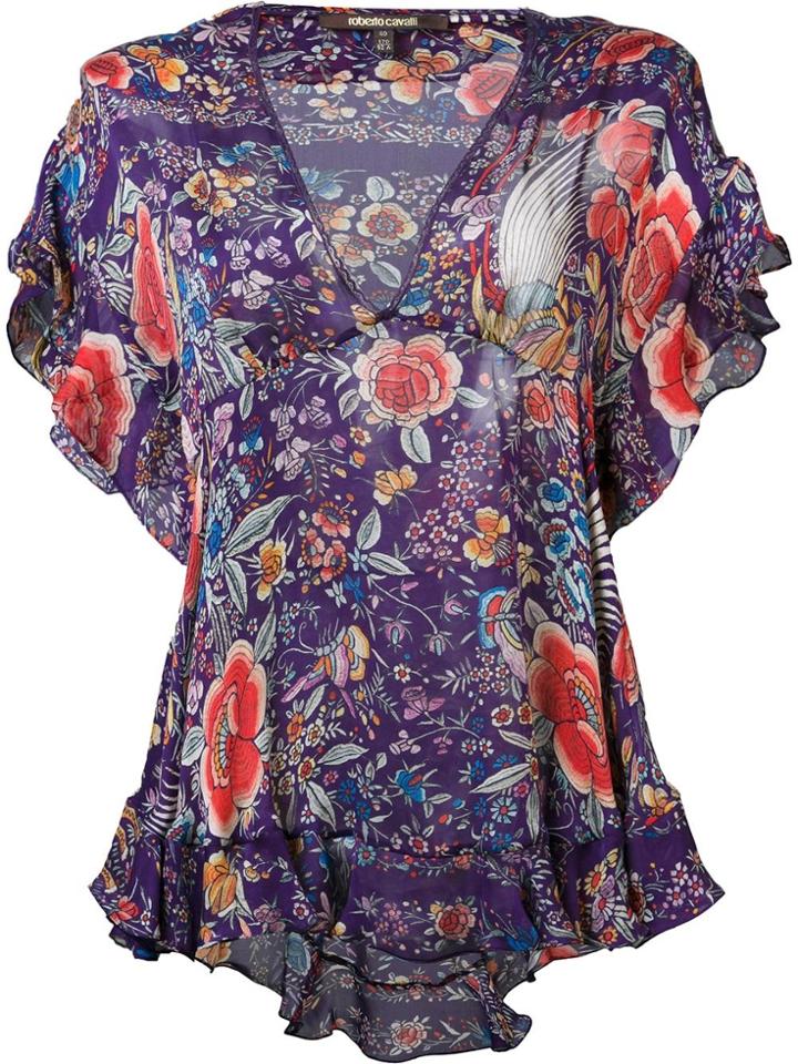 Roberto Cavalli Ruffled Floral Blouse - Pink & Purple