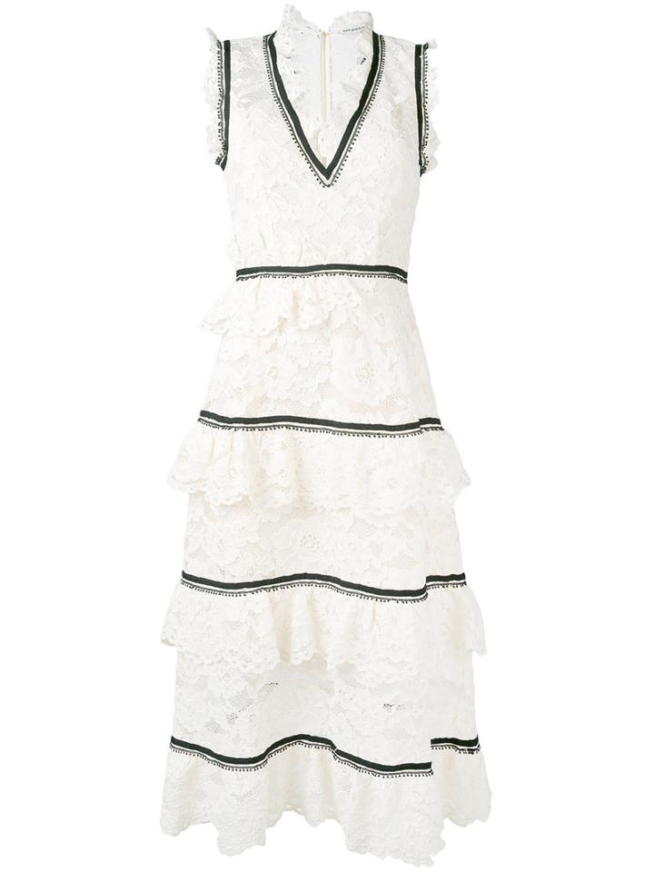 Self-portrait - Lace Ruffled Dress - Women - Cotton/polyamide/polyester/viscose - 14, Nude/neutrals, Cotton/polyamide/polyester/viscose