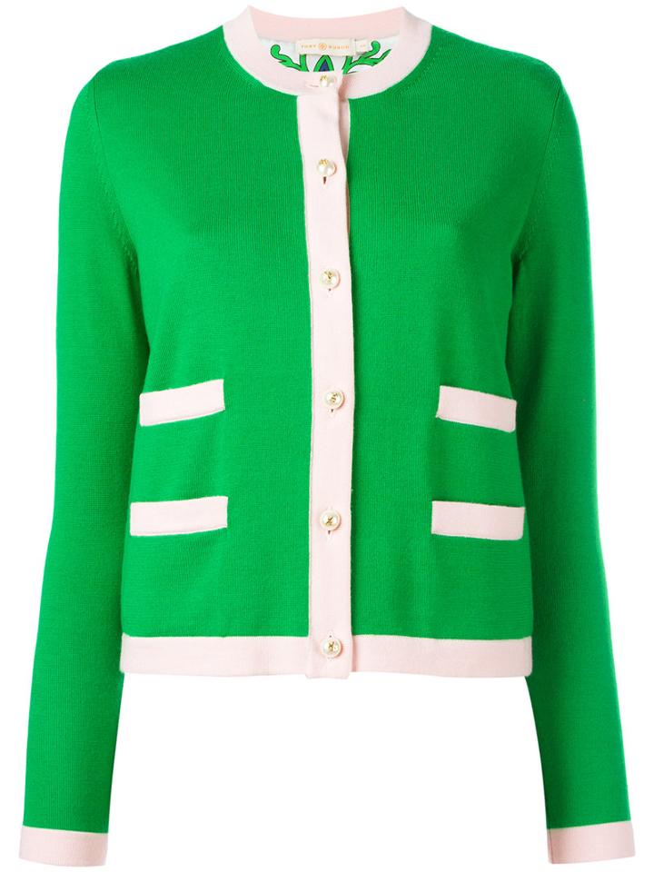 Tory Burch Contrast Trim Cardigan, Women's, Size: Large, Green, Silk/merino
