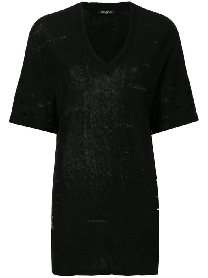 Balmain Distressed-effect V-neck T-shirt - Black