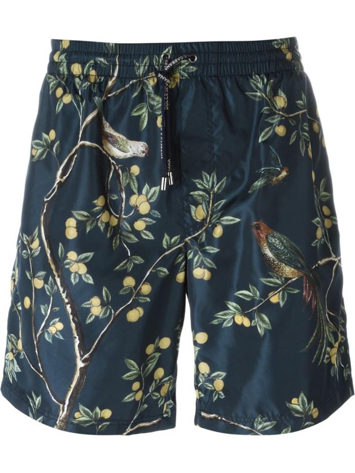 Dolce & Gabbana Bird Print Swim Shorts, Men's, Size: 5, Blue, Polyamide/polyester