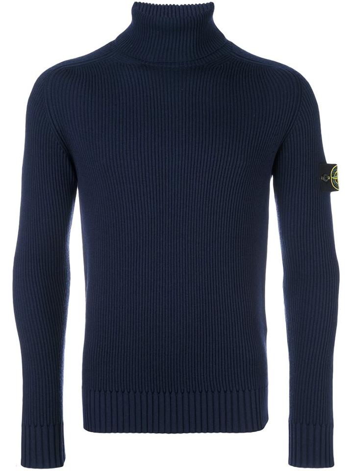 Stone Island Roll Neck Ribbed Pullover, Men's, Size: Xxl, Blue, Wool