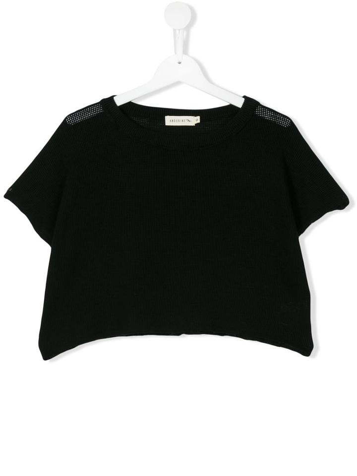 Andorine - Open Knit Cropped T-shirt - Kids - Cotton - 14 Yrs, Black
