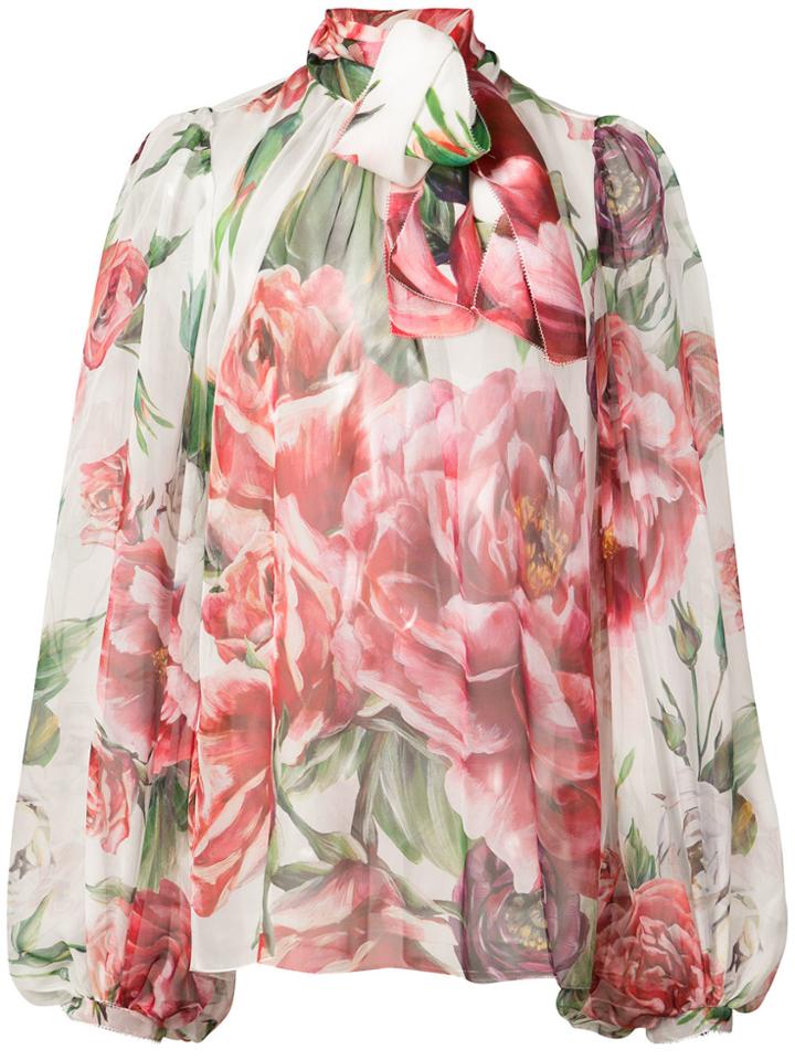 Dolce & Gabbana Floral Tie Neck Blouse - White
