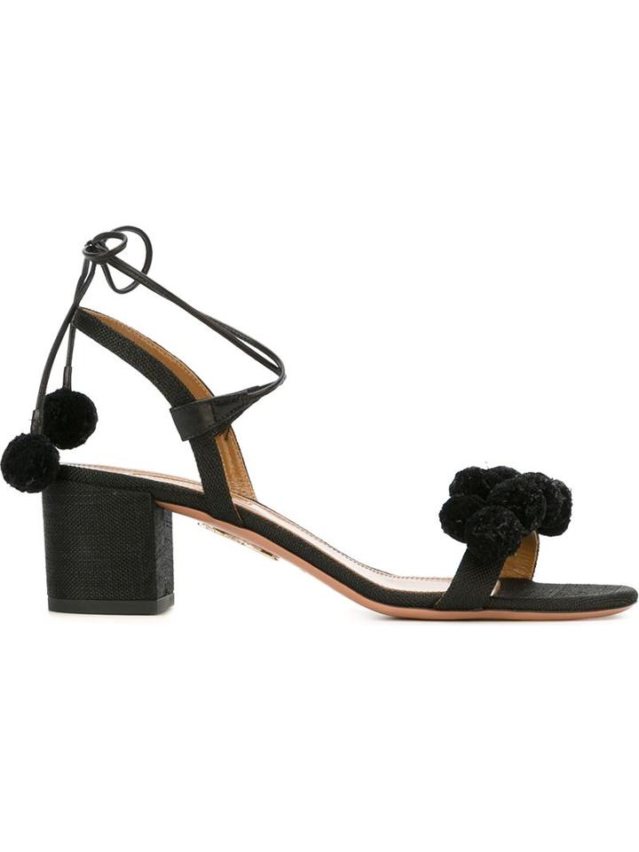 Aquazzura Pom-pom Embellished Sandals, Women's, Size: 38.5, Black, Raffia/leather