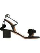 Aquazzura Pom-pom Embellished Sandals, Women's, Size: 38.5, Black, Raffia/leather