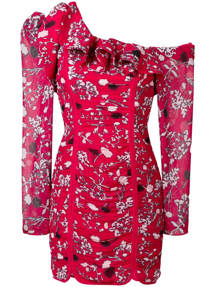 Self-portrait Print One-shoulder Dress - Red
