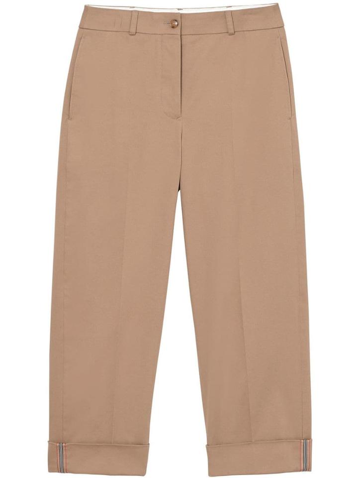 Burberry Icon Stripe Detail Stretch Cotton Cropped Trousers - Brown