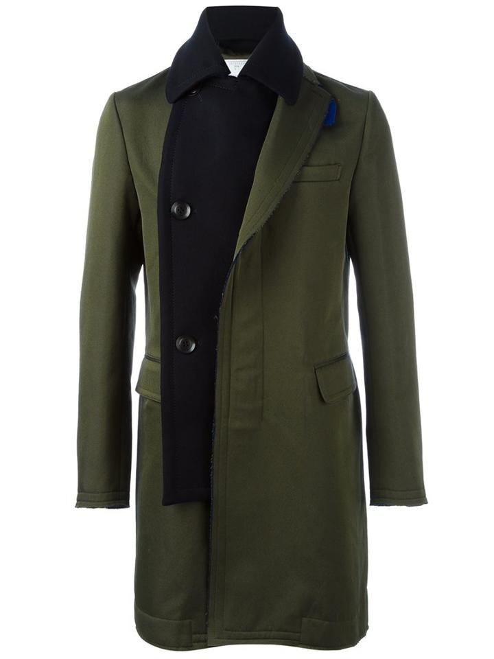Sacai Layered Single Breasted Coat, Men's, Size: 3, Green, Nylon/polyester/cupro/wool
