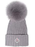 Moncler Grey Wool Beanie Hat With Pom Pom