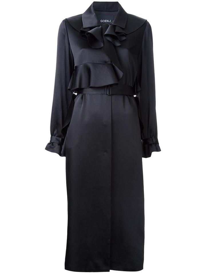 Goen.j Ruffled Neck Belted Coat, Women's, Size: Small, Black, Bemberg/acetate