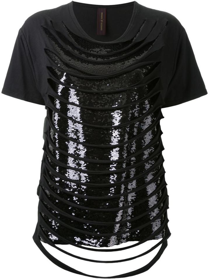 Mihara Yasuhiro Distressed Sequinned T-shirt, Women's, Size: 36, Black, Cotton