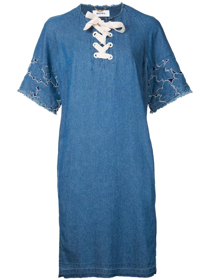 Muveil - Lace Front Shift Dress - Women - Cotton - 38, Blue, Cotton