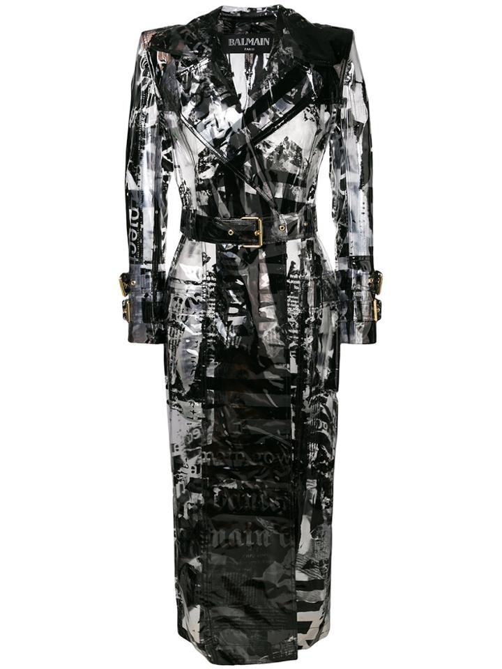 Balmain Printed Belted Trench - Black