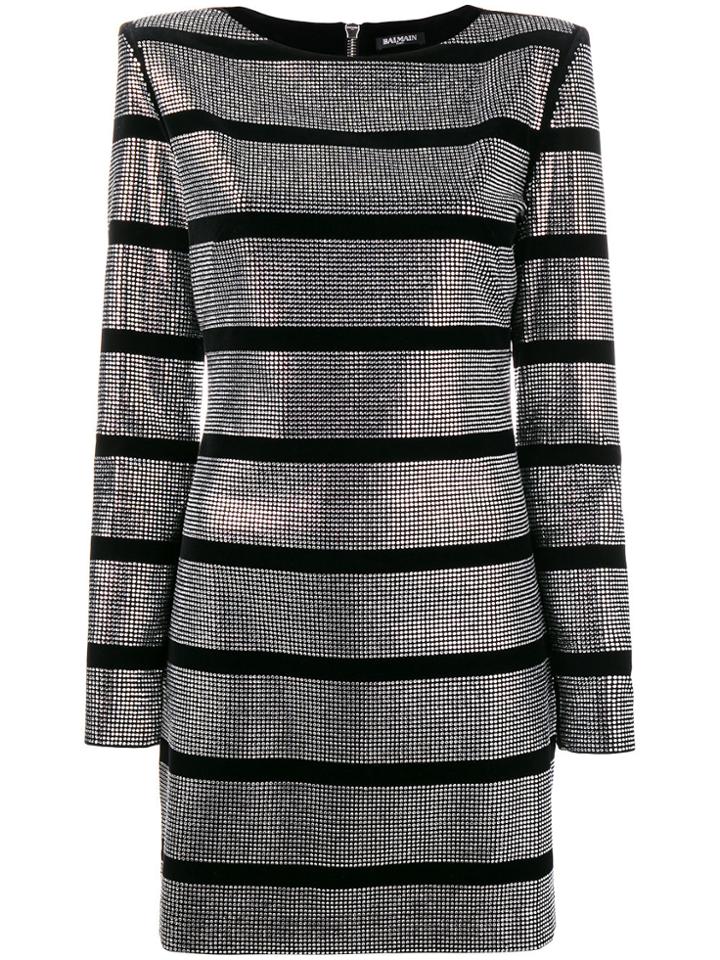 Balmain Beaded Striped Mini Dress - Black
