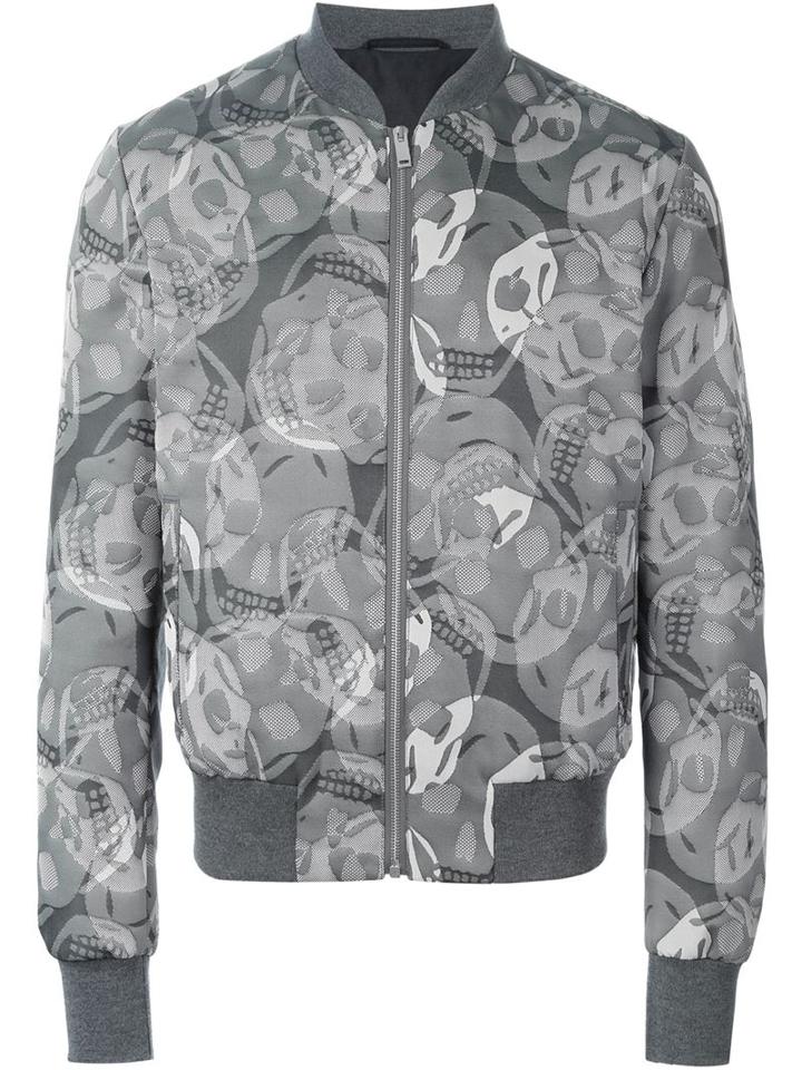 Alexander Mcqueen Skull Jacquard Bomber Jacket, Men's, Size: 50, Grey, Polyester/cotton/viscose