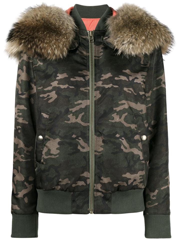 Mr & Mrs Italy Camouflage Fur Hood Bomber Jacket - Green