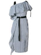 Eudon Choi Asymmetric Ruffle Trim Striped Dress - Blue