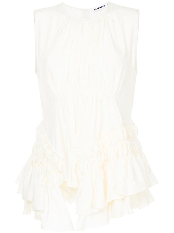 Jil Sander Pleated Ruffled Asymmetric Top - White
