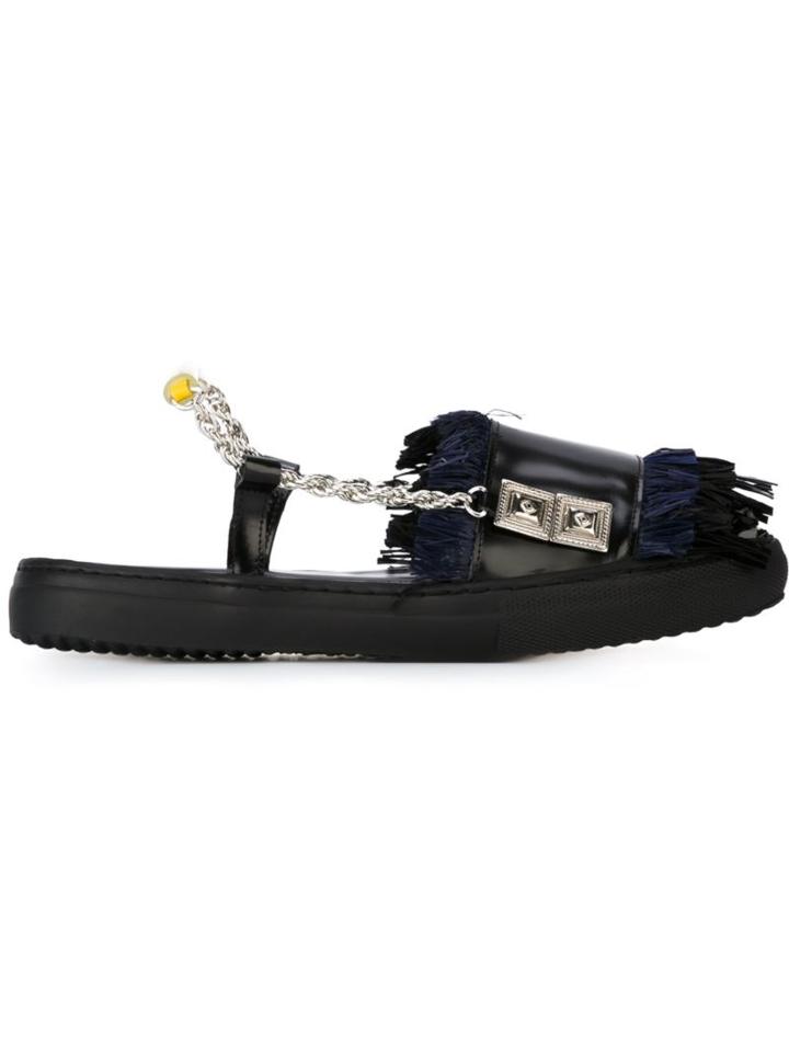 Toga Fringed Slingback Sandals, Women's, Size: 38, Black, Calf Leather/leather/rubber/raffia