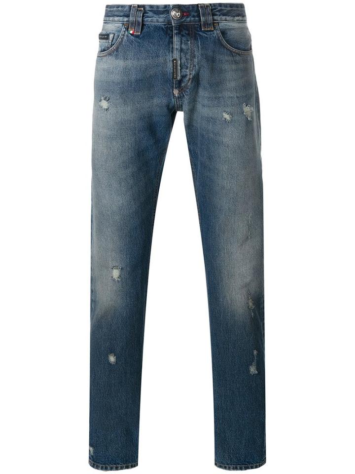 Philipp Plein Distressed Straight-leg Jeans, Men's, Size: 34, Blue, Cotton/polyester