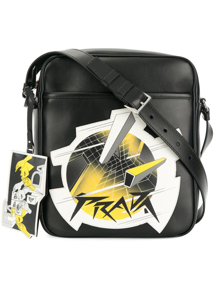Prada Patch Embroidered Shoulder Bag - Black