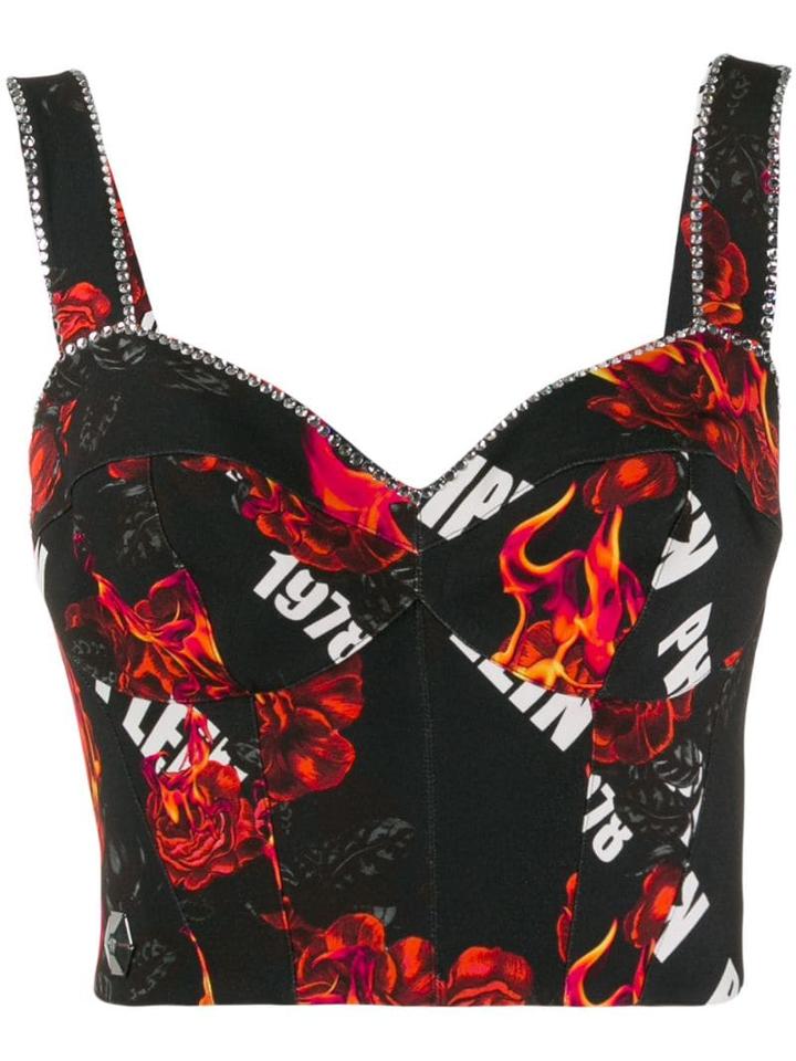 Philipp Plein Cropped Flaming Roses Print Top - Black