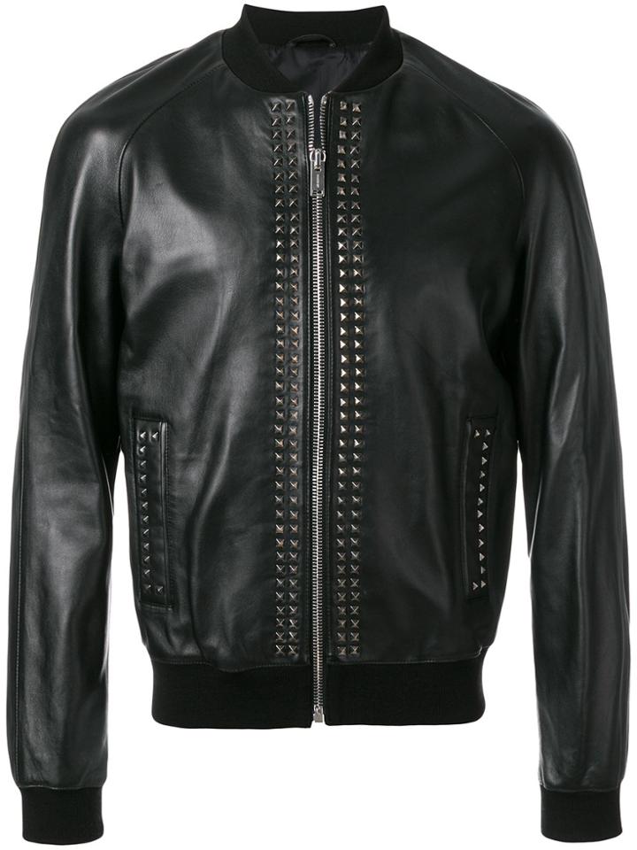 Les Hommes Studded Zip Up Bomber Jacket - Black