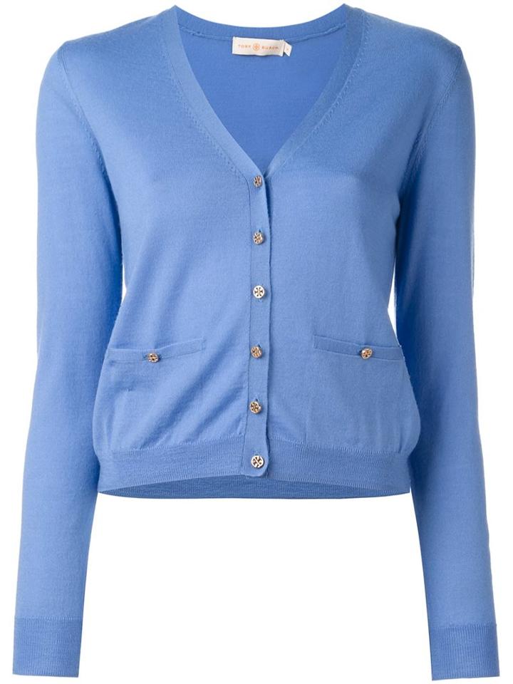 Tory Burch Logo Plaque Button Cardigan, Women's, Size: Medium, Blue, Merino