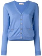 Tory Burch Logo Plaque Button Cardigan, Women's, Size: Medium, Blue, Merino