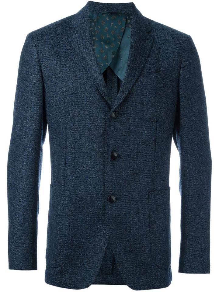 Etro Patch Pockets Blazer, Men's, Size: 54, Blue, Silk/polyester/wool