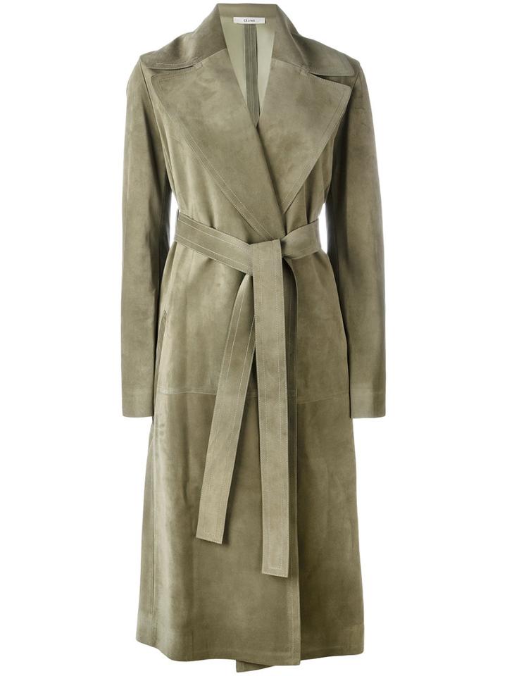 Céline - Long Belted Coat - Women - Lamb Skin - 36, Women's, Green, Lamb Skin