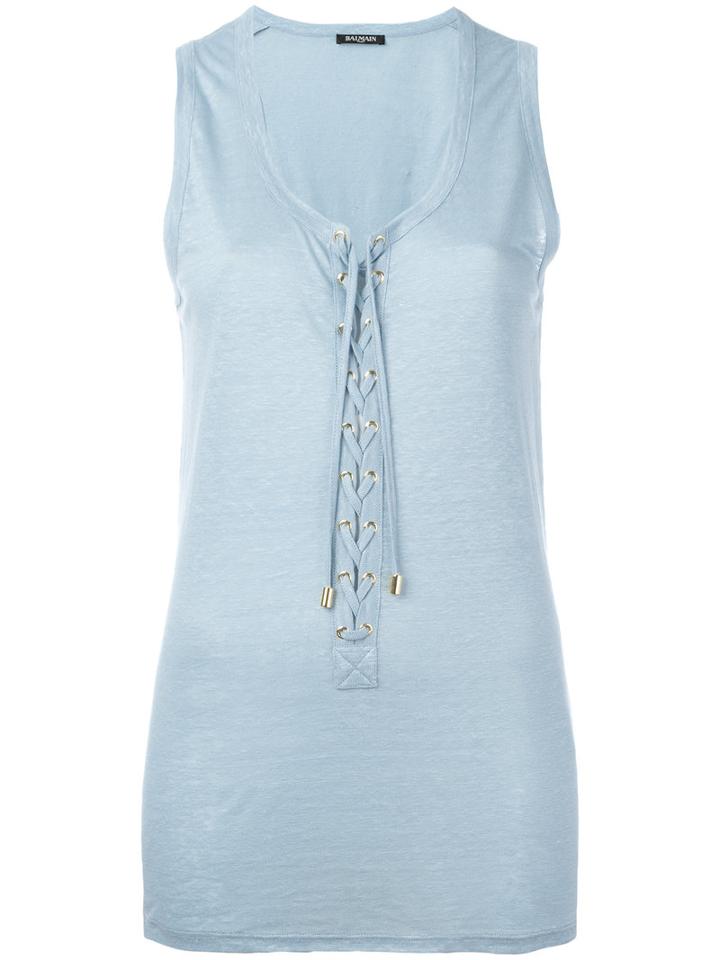 Balmain Lace-up Vest Top, Women's, Size: 38, Blue, Linen/flax