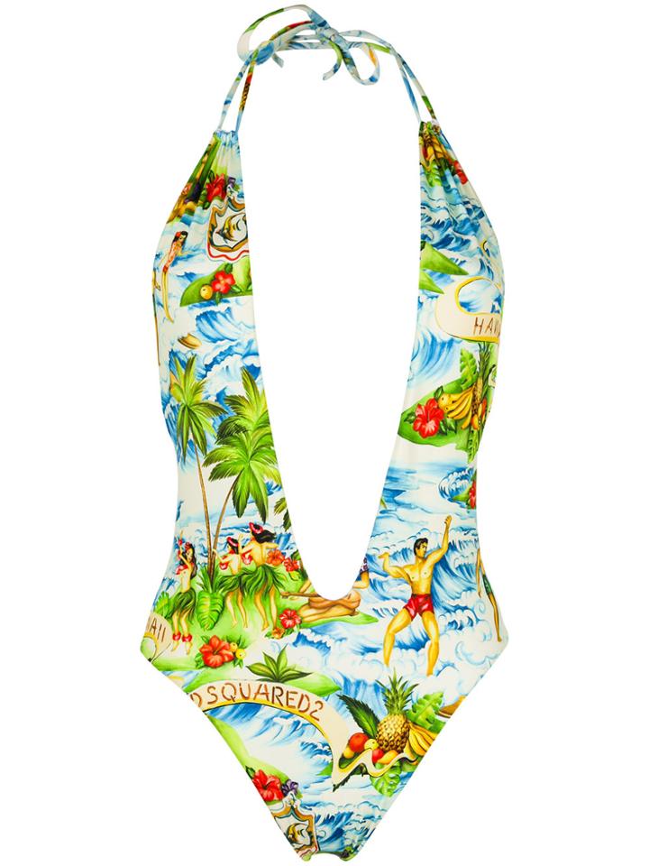 Dsquared2 Hawaiian Print Plunge Swimsuit - Blue
