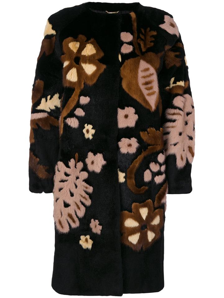 Alberta Ferretti Floral Design Fur Coat - Black