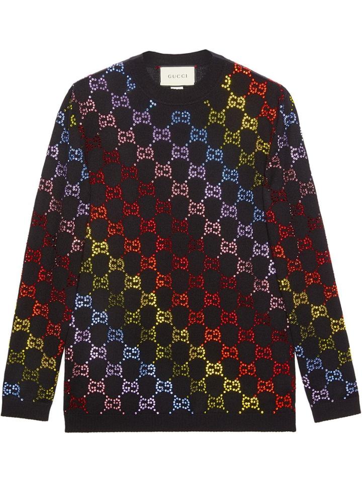 Gucci Wool Sweater With Gg Rhinestone Motif - Black