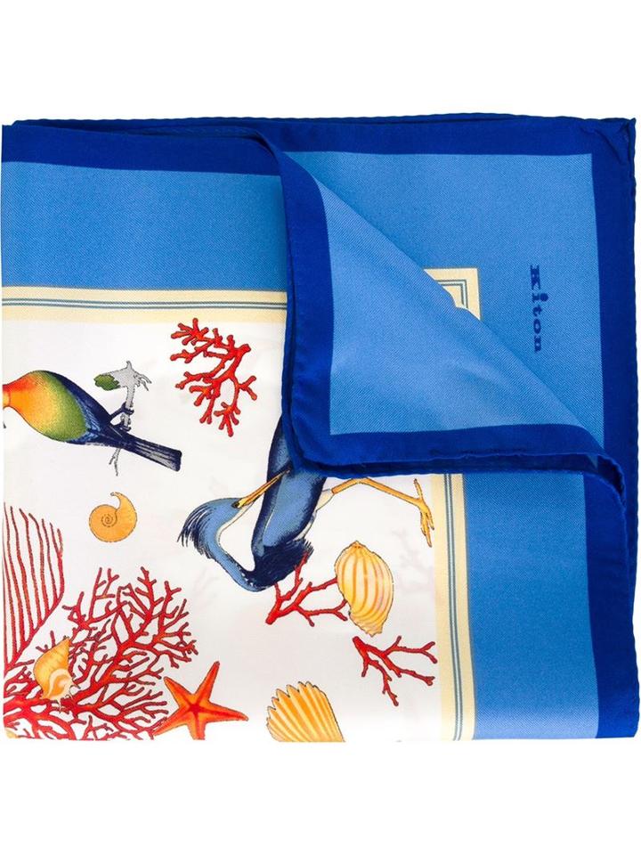 Kiton Birds Print Pocket Square, Men's, Blue, Silk