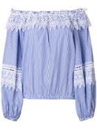 Forte Couture Off-shoulder Striped Lace Detail Blouse - Blue