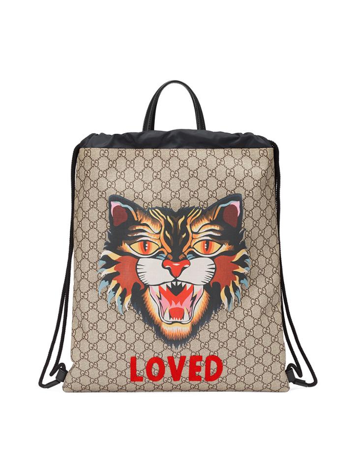 Gucci Angry Cat Print Soft Gg Supreme Drawstring Backpack - Nude &
