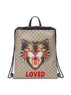 Gucci Angry Cat Print Soft Gg Supreme Drawstring Backpack - Nude &