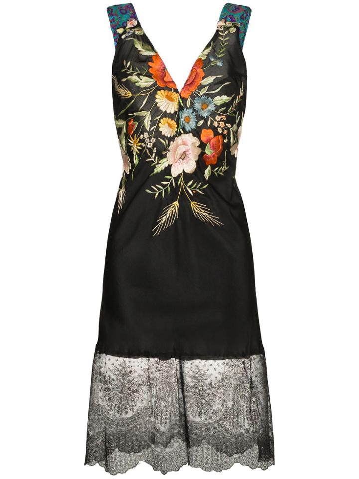One Vintage Embroidered Floral Fitted Dress - Black