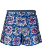 Manoush Sequined Floral Patchwork Shorts, Women's, Size: 40, Blue, Polyester/cotton
