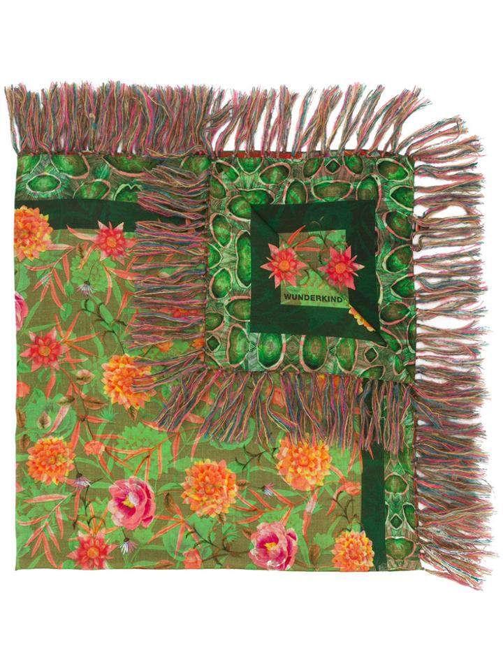 Wunderkind Floral Print Fringe Scarf - Green