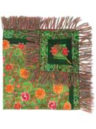 Wunderkind Floral Print Fringe Scarf - Green
