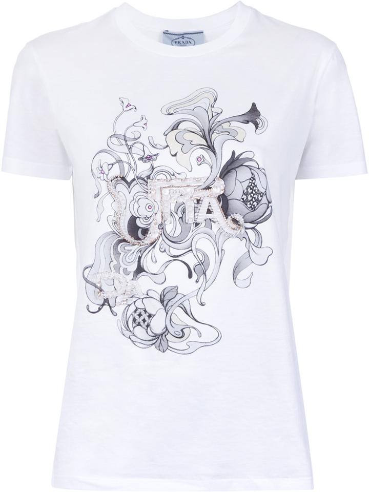 Prada Embellished Printed T-shirt - White