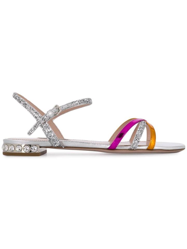 Miu Miu Strappy Glitter Sandals - Silver