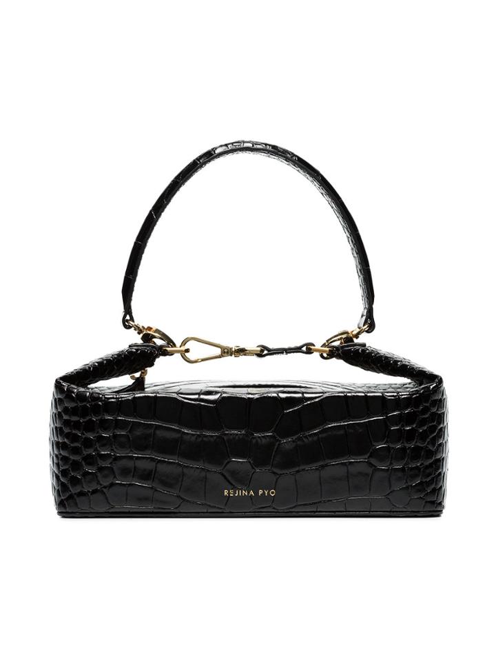 Rejina Pyo Black Olivia Crocodile Embossed Leather Box Bag