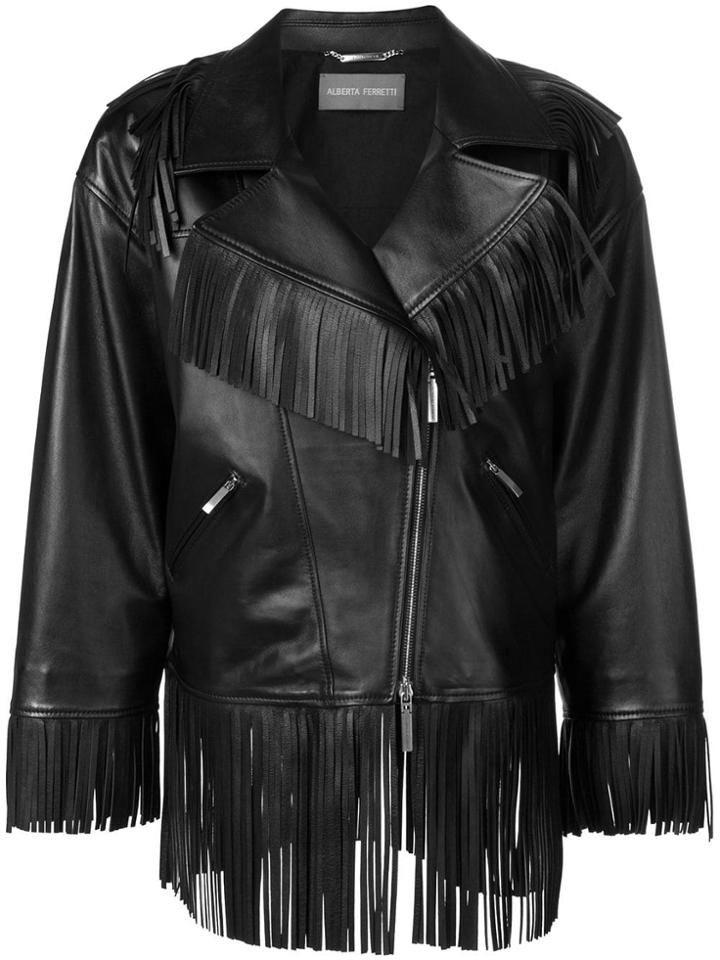 Alberta Ferretti Oversized Fringe Trim Biker Jacket - Black