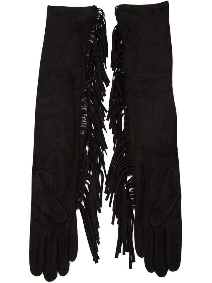 Lanvin Fringed Long Gloves, Women's, Size: 6.5, Black, Goat Skin