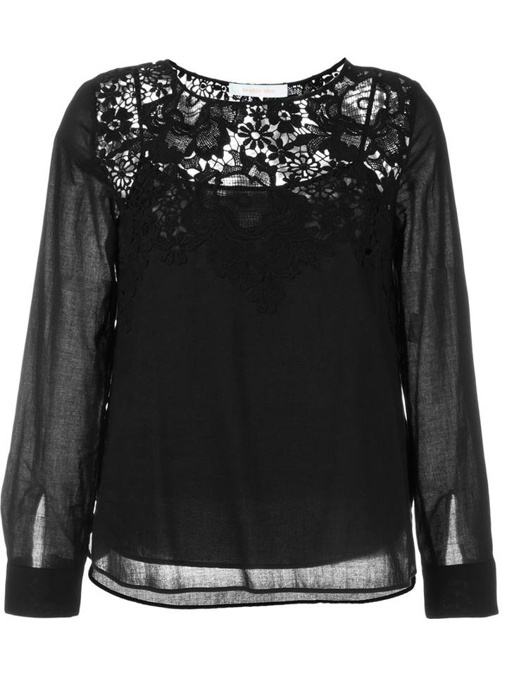 See By Chloé Guipure Lace Panel Blouse, Women's, Size: 38, Black, Cotton